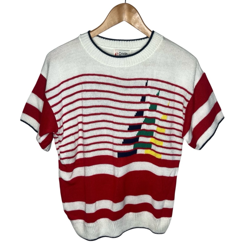 Vintage Cristin Stevens Nautical Sailboat Striped Short Sleeve Sweater